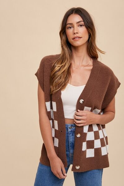 Annie Wear Checkered Button Down Short Sleeve Cardigan Dark Brown