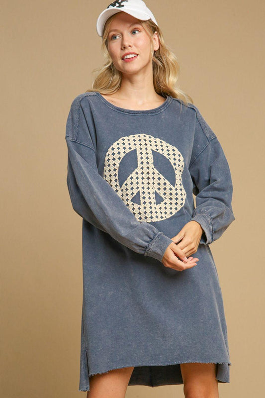 Umgee Peace Lace Applique Frayed Hem French Terry Mini Dress Dusty Blue