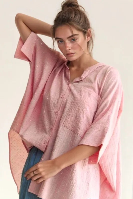 Davi & Dani Rhinestone Pleat Back Short Sleeve Loose Fit Shirt Pink