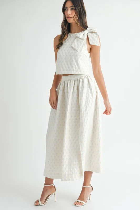 MABLE Taffeta Polka Dot Shoulder Ribbon Top and Skirt Set