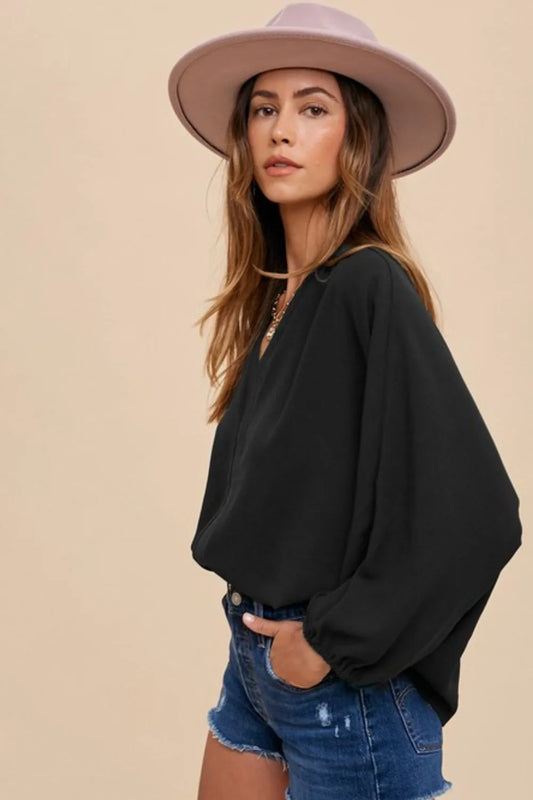 Annie Wear Notched Batwing Sleeve Blouse Black