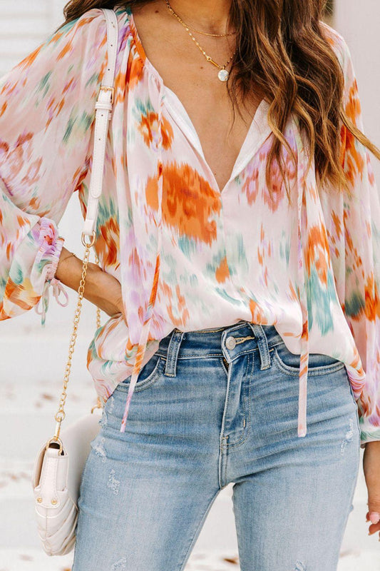 Printed Tie Neck Long Sleeve Blouse Floral