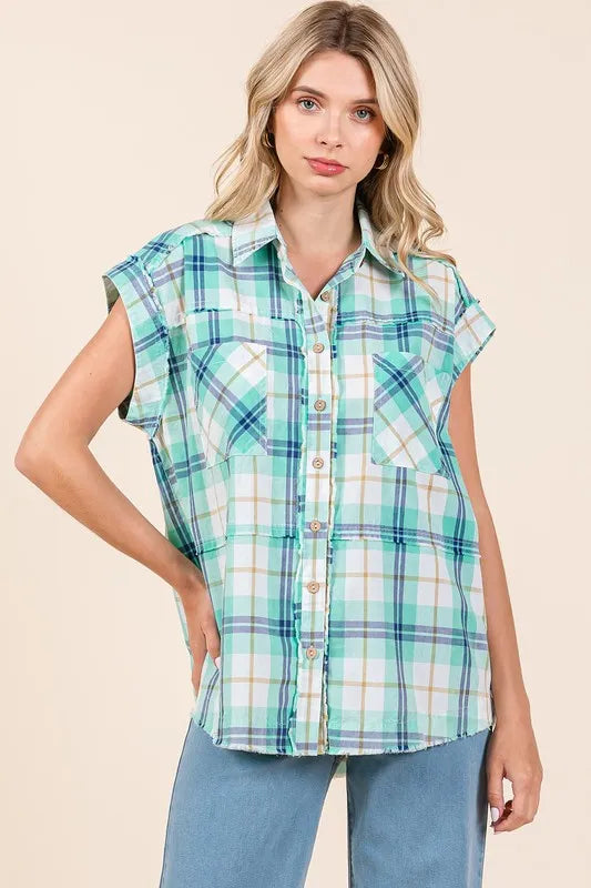Mittoshop Mineral Wash Plaid Button Down Shirt Turquoise