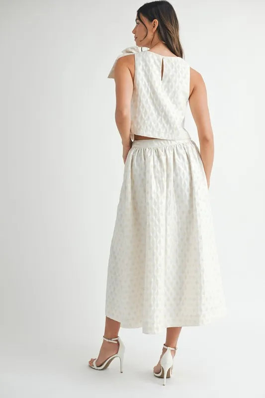 MABLE Taffeta Polka Dot Shoulder Ribbon Top and Skirt Set