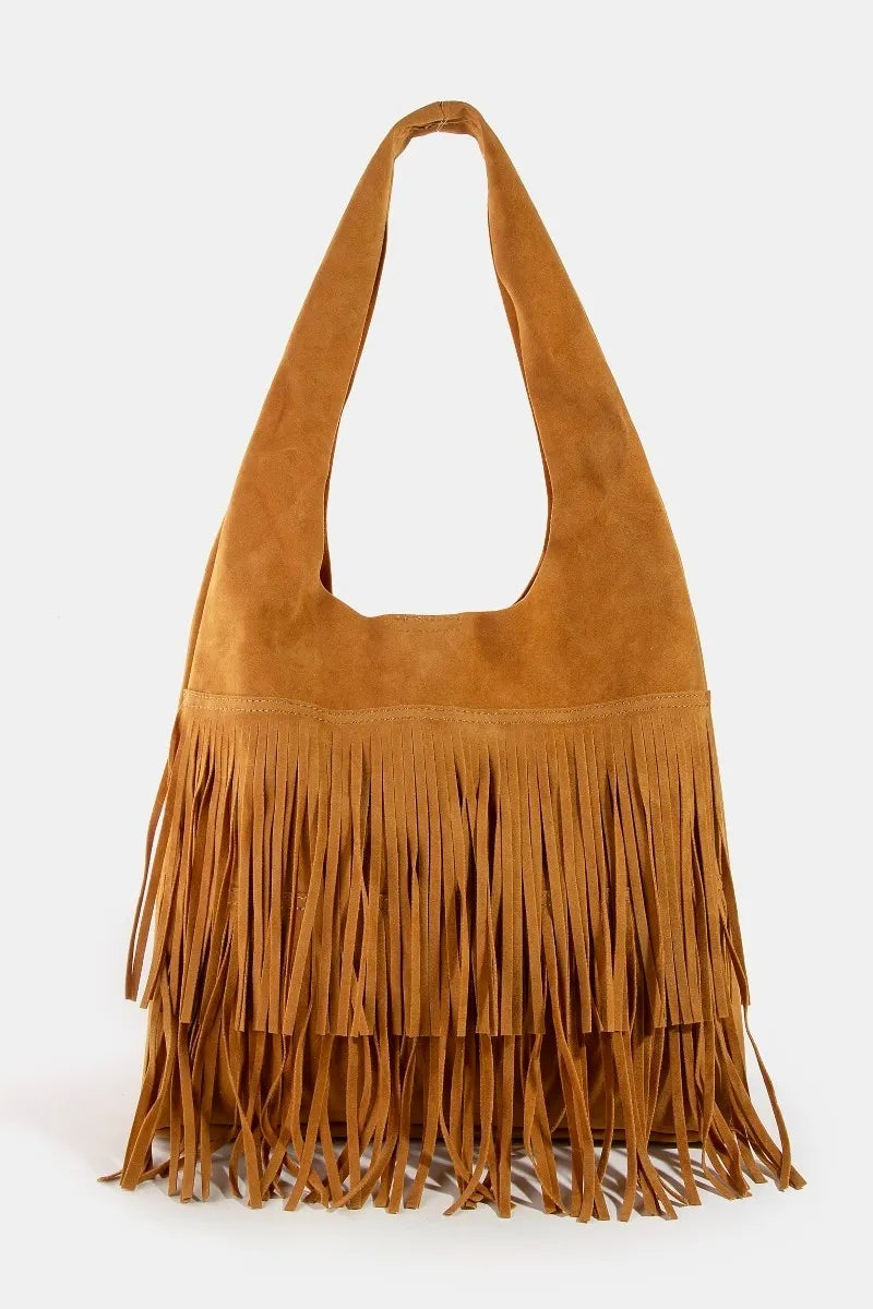 Fame Layered Fringe Detail Suede Hobo Bag LBR One Size