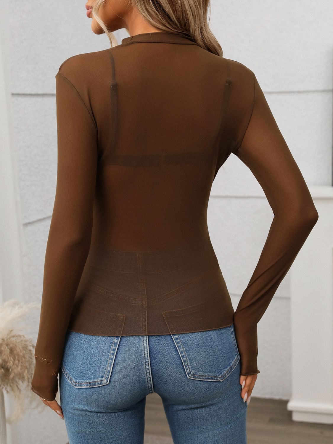 Mock Neck Long Sleeve Sheer Top
