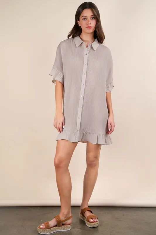 VERY J Pleated Detail Button Down Mini Dress Nude