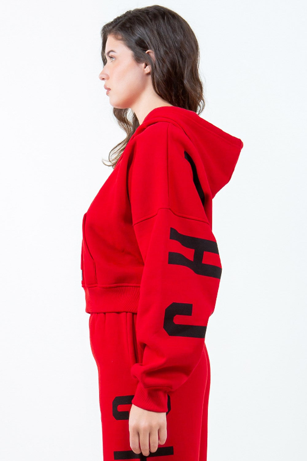 American Bazi Letter Graphic Long Sleeve Drawstring Cropped Hoodie