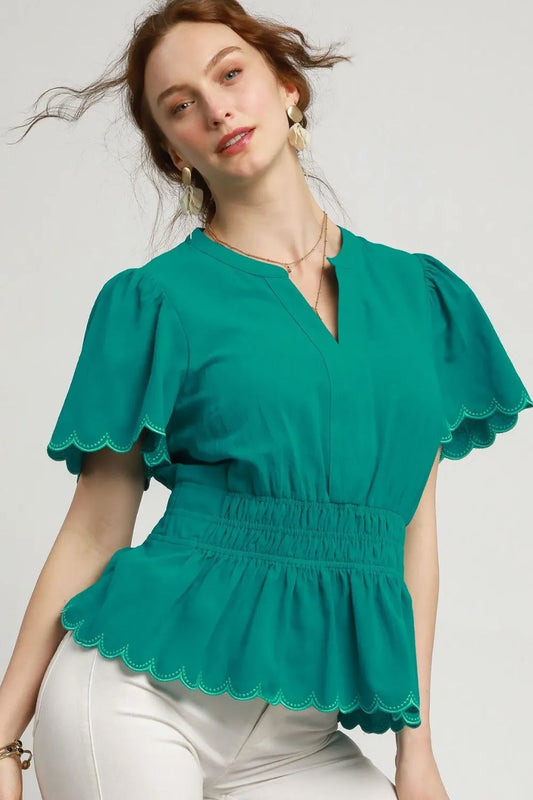 Umgee Scalloped Edge Flutter Sleeve Blouse Turquoise
