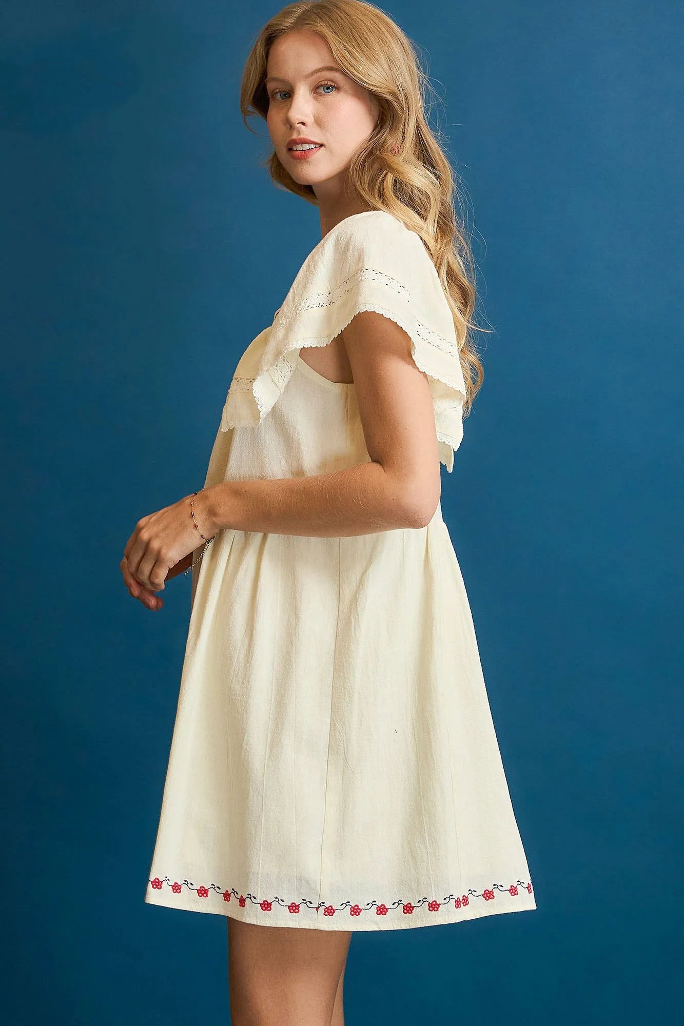 Umgee Embroidered Floral Flutter Sleeve Mini Dress