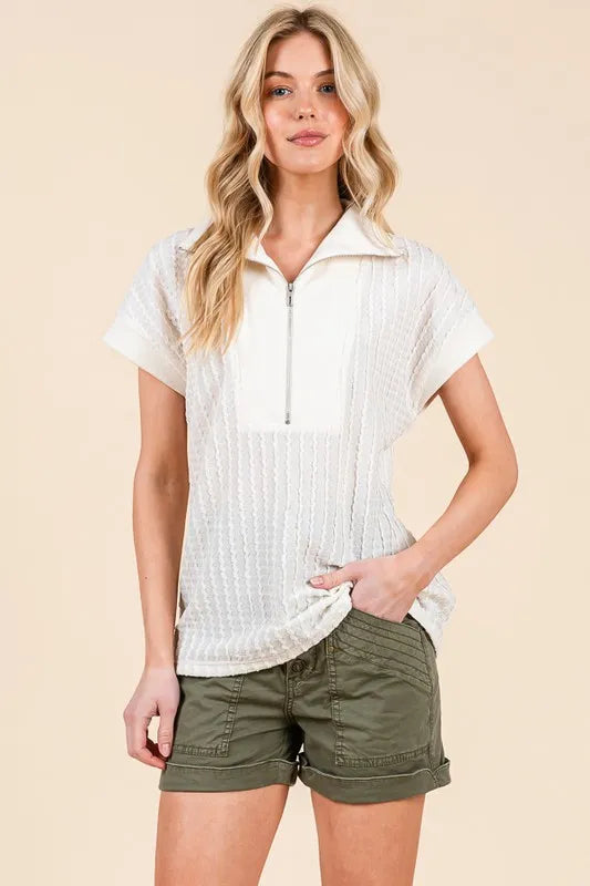 Lime 'N' Chili Textured Half Zip Cap Sleeve Contrast Top