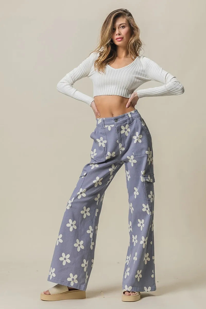 BiBi Flower Printed Side Pocket Wide Pants