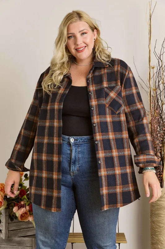ADORA Full Size Button Down Flannel Shirt Plus Size