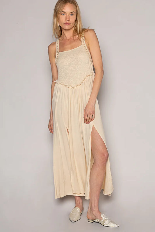 POL Frill Slit Square Neck Cami Dress Cream
