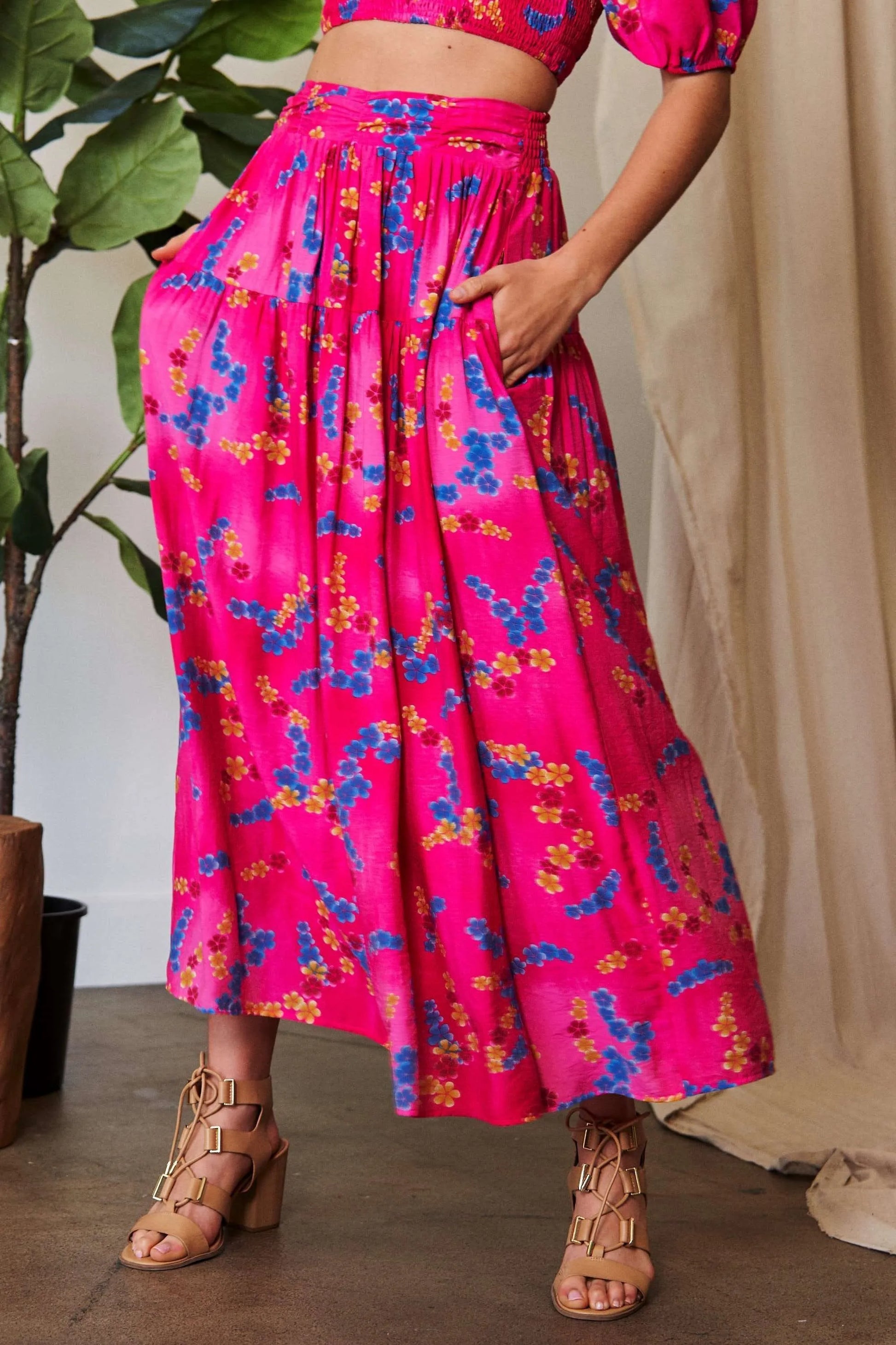 Davi & Dani Printed Smocking Waistband Ruffled Maxi Skirt CANDY PINK