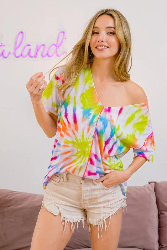 BiBi Tie Dye Print Jersey Stitched V Neck Top