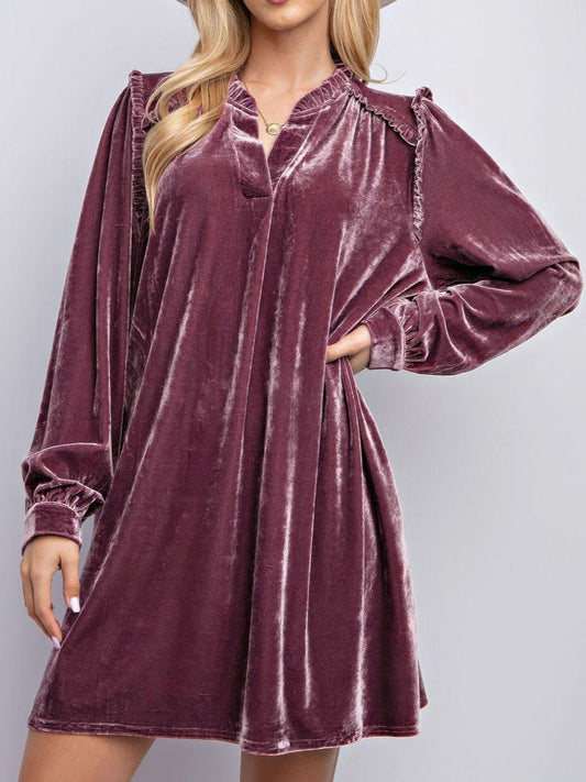 Frill Notched Long Sleeve Dress with Pockets Dusty Pink