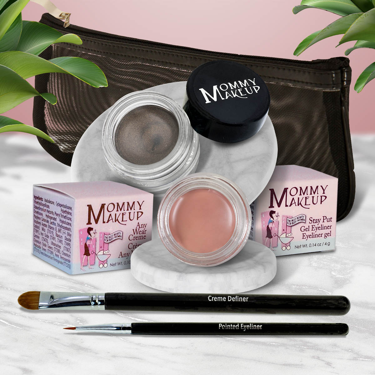 The Everlasting Eye | Waterproof Eye Makeup Set Anna - A Matte Warm Rosy Beige Mischievous - Black with green and gold flecks
