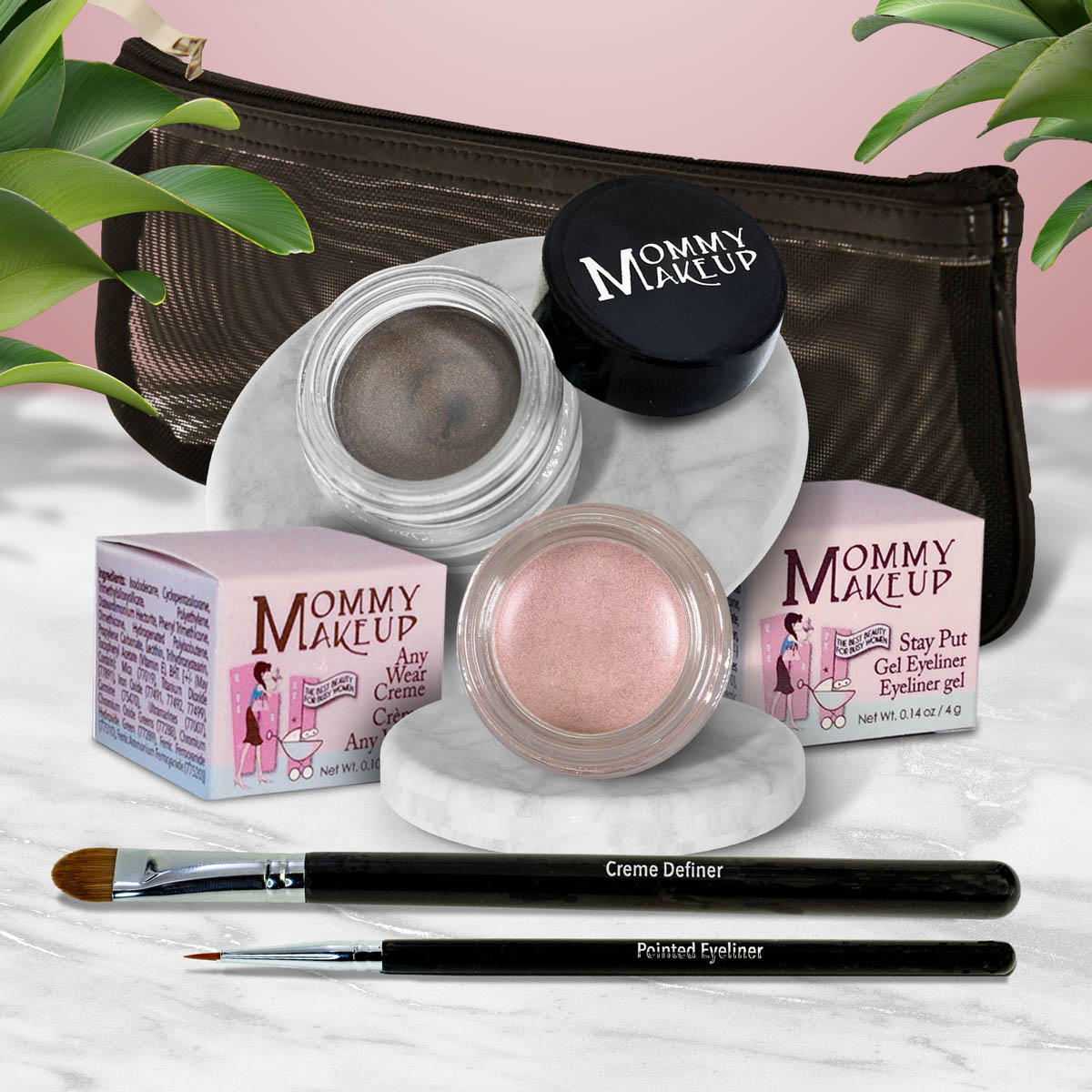 The Everlasting Eye | Waterproof Eye Makeup Set Pink Icing - A Light Opalescent Pink Mischievous - Black with green and gold flecks