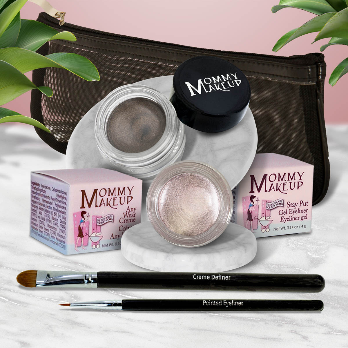 The Everlasting Eye | Waterproof Eye Makeup Set Crystal - A Pale Shimmering Pewter Mischievous - Black with green and gold flecks