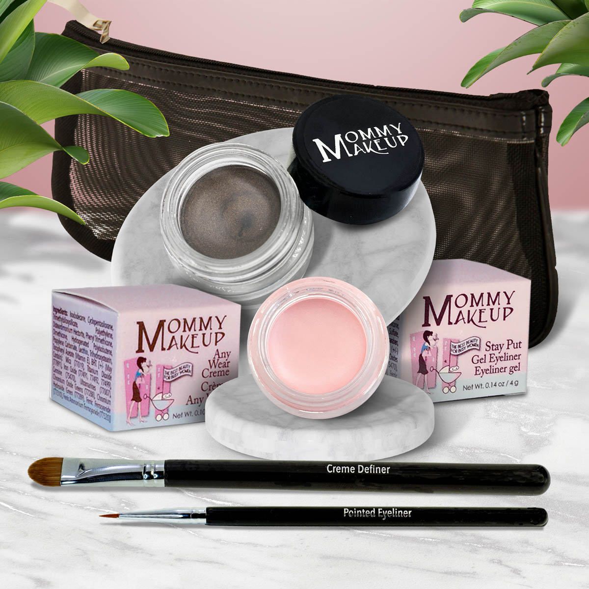 The Everlasting Eye | Waterproof Eye Makeup Set Cameo - a light nude pink Mischievous - Black with green and gold flecks