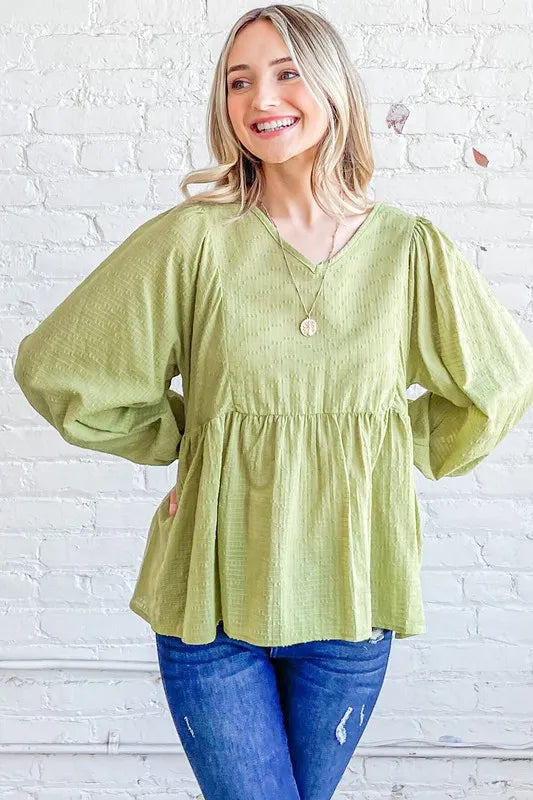 And The Why Textured V Neck Blouse Top LT.GREEN