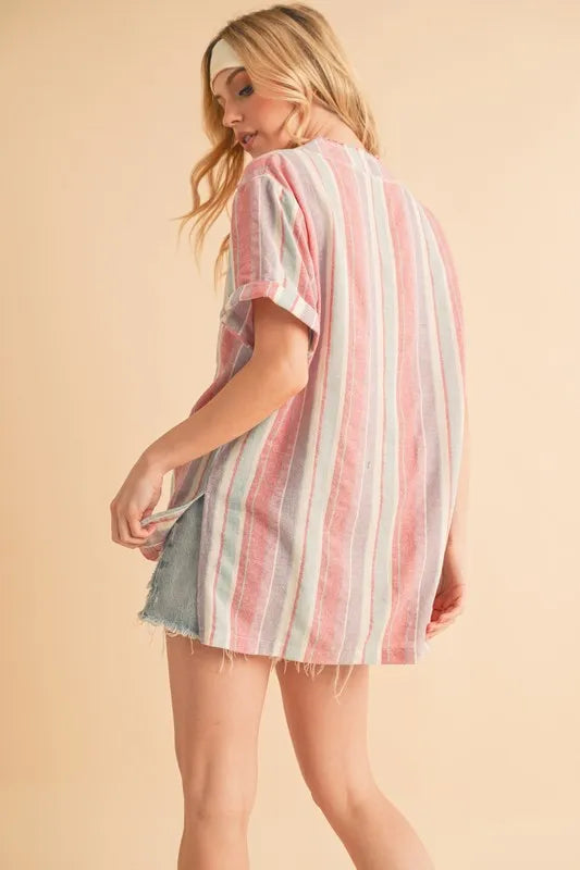 Aemi+Co Side Slit Striped Short Sleeve Blouse