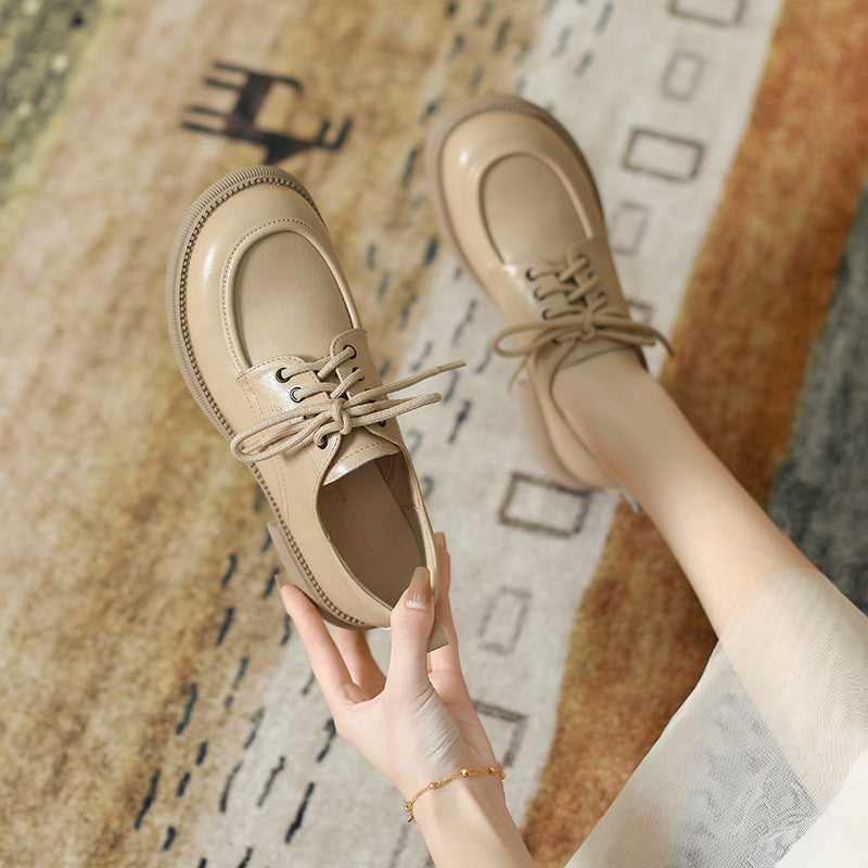 Women's British-Style Lace-Up Leather Loafers | Soft Sole Round Toe Everyday Shoes
