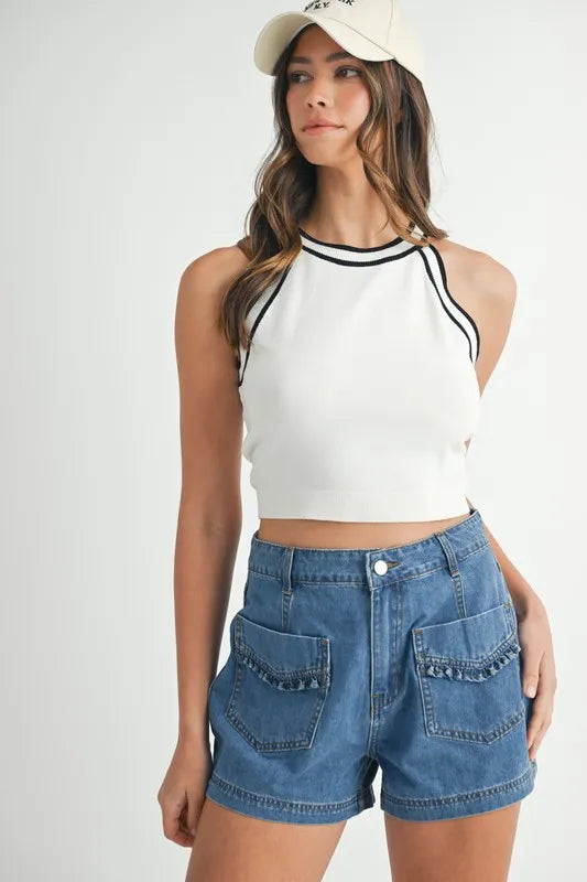 MABLE Contrast Trim Grecian Neck Cropped Tank OFF WHITE