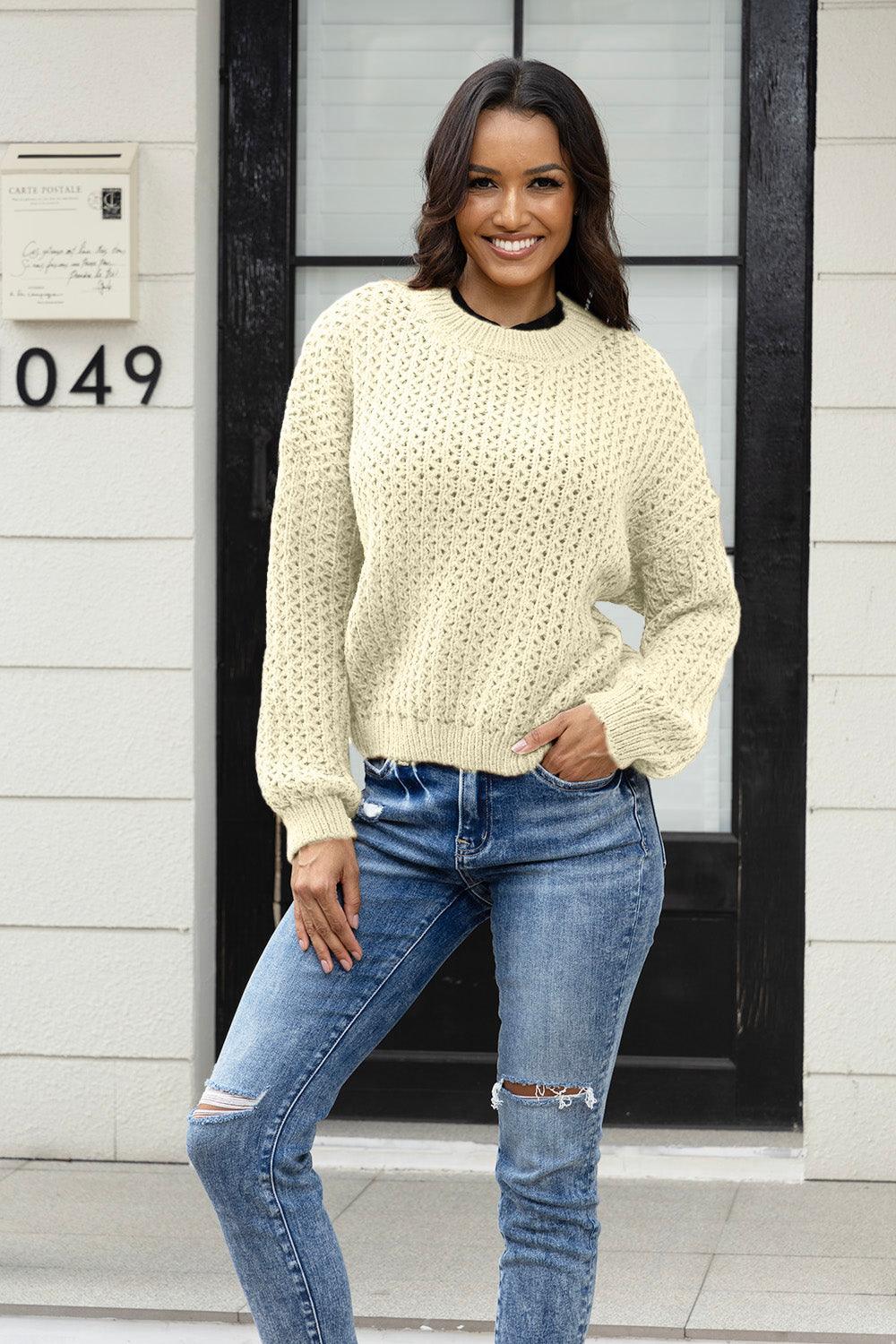 Round Neck Long Sleeve Sweater Cream
