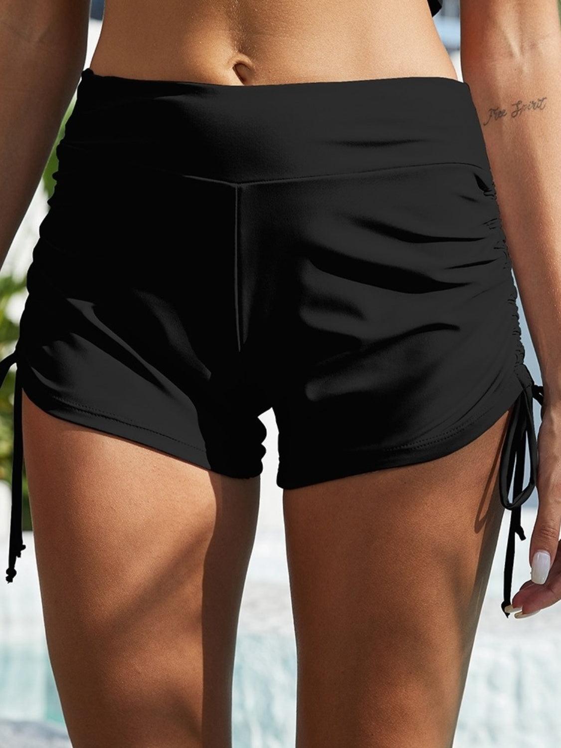 Drawstring Mid-Rise Waist Swim Shorts Black