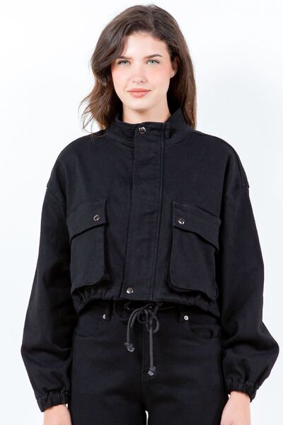 American Bazi Full Size Drawstring Hem Cargo Pocket Cropped Worker Jacket Plus Size Black