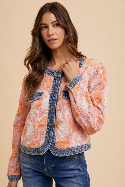 Annie Wear Floral Jacquard Denim Contrast Button Down Jacket Coral Combo
