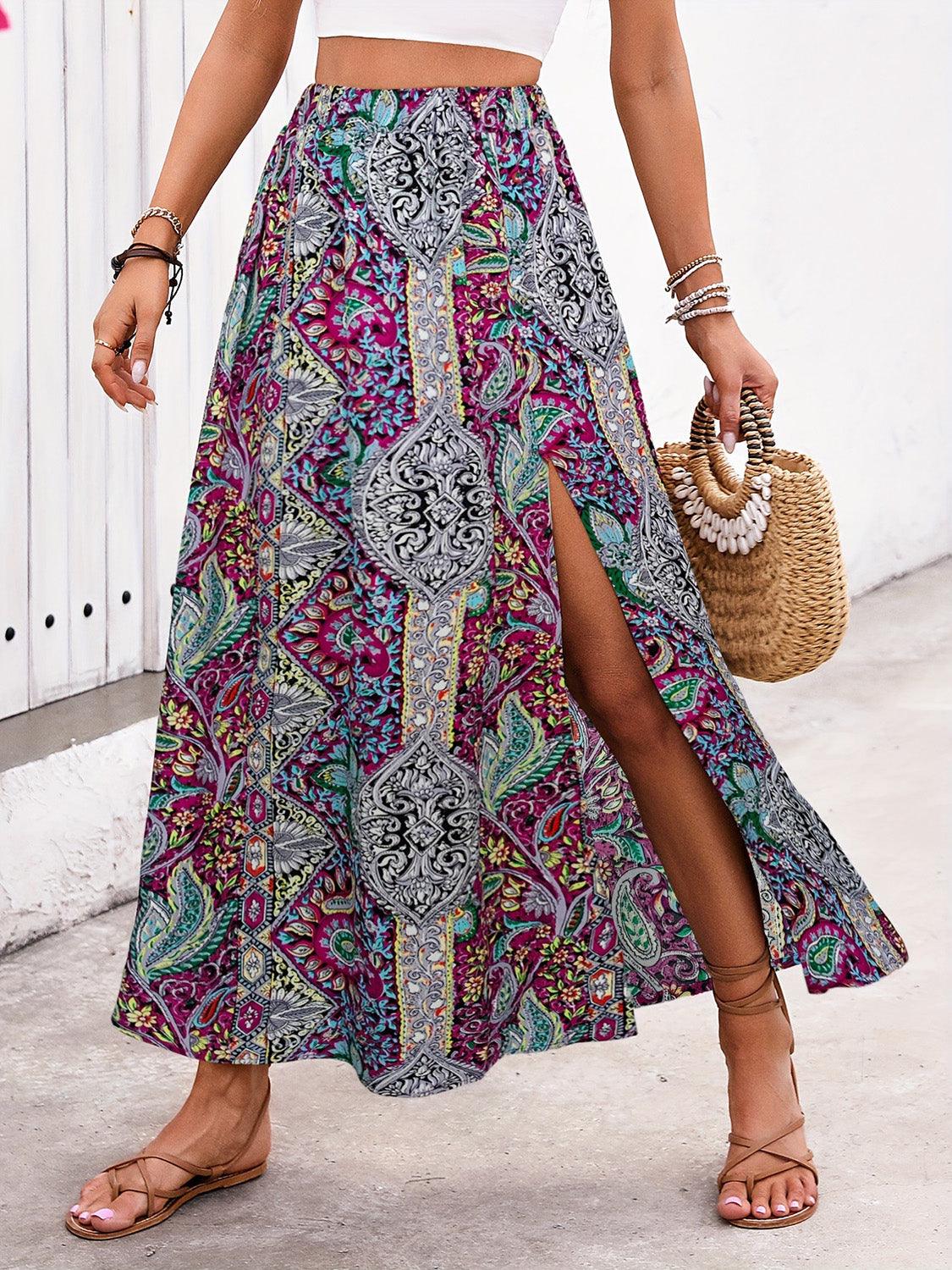 Slit Printed Elastic Waist Skirt Deep Purple
