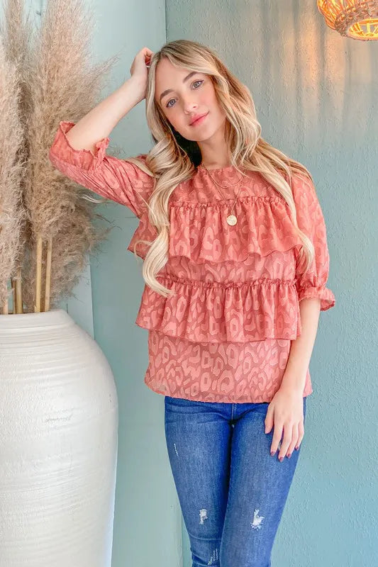 And The Why Leopard Tiered Ruffle Blouse Top