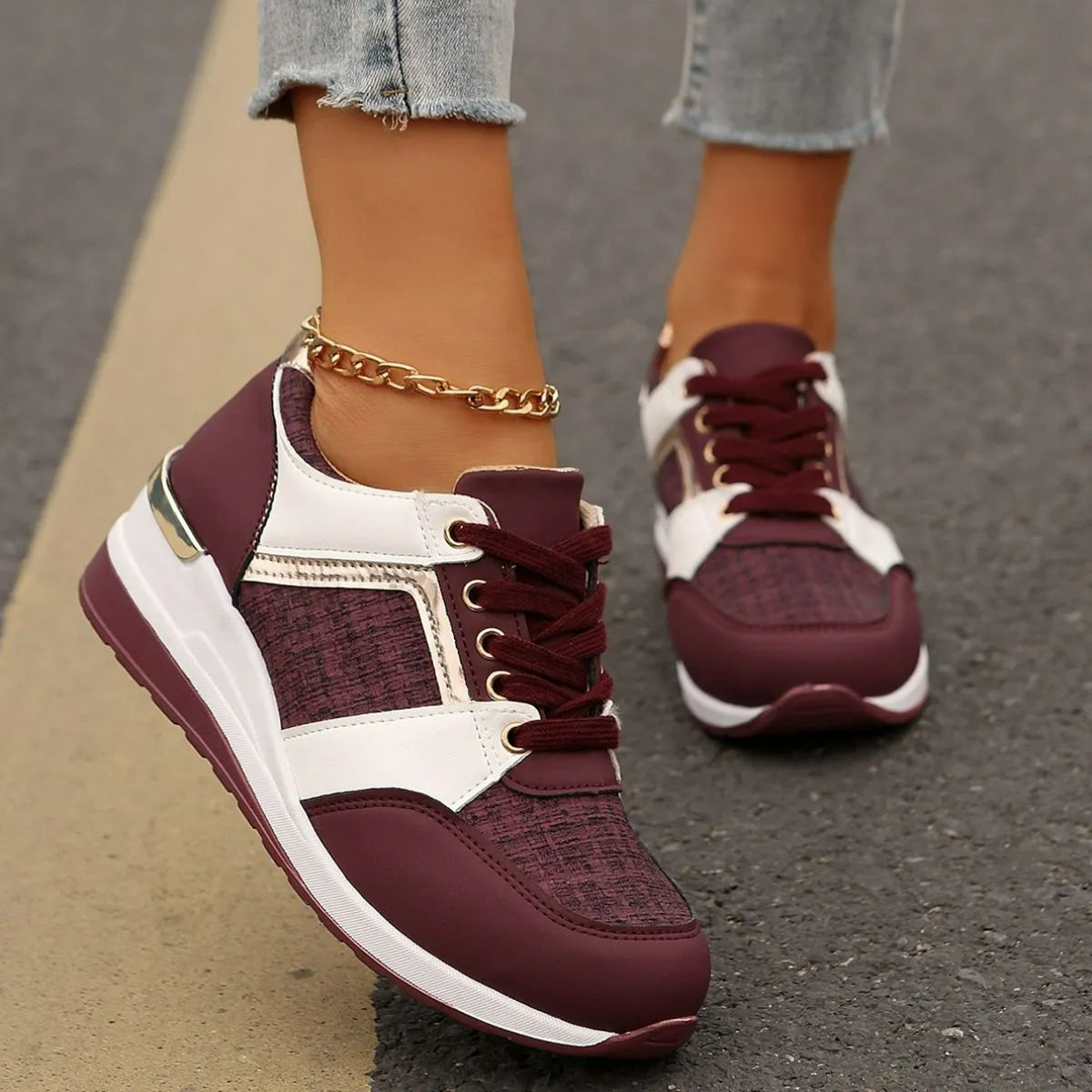 Round Toe Platform Sneakers Burgundy