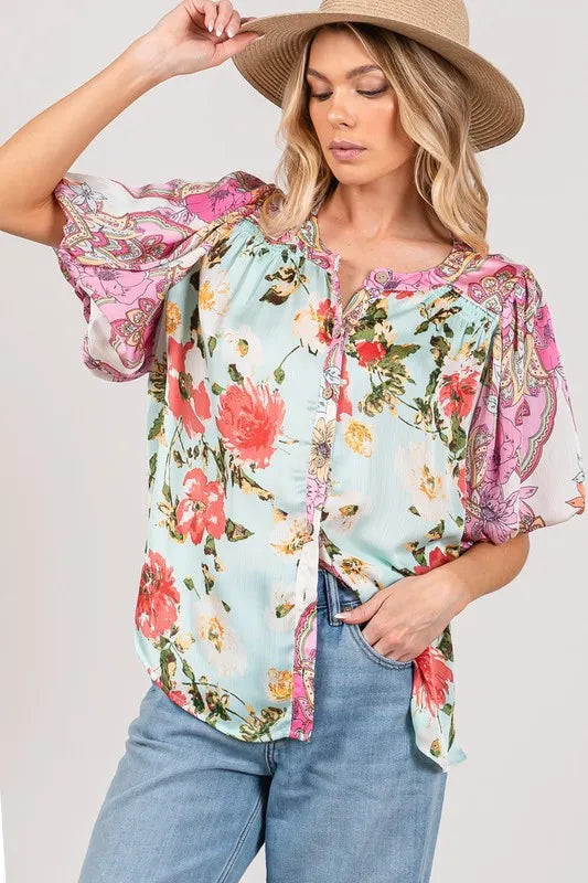 SAGE+FIG Plus Size Floral Mineral Wash French Terry Button Up Shirt SKY BLUE