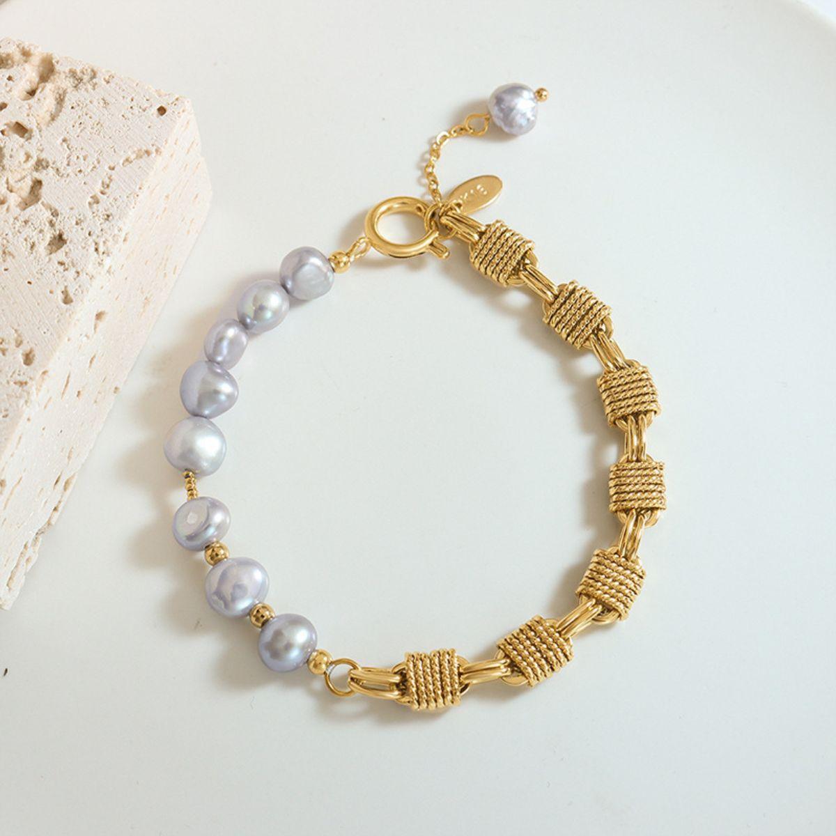 Half Pearl Half Chain Stainless Steel Bracelet Gold One Size