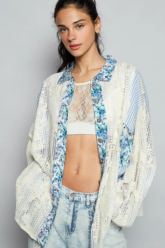 POL Lace Long Sleeve Shirt with Floral and Striped Pattern Cerulean
