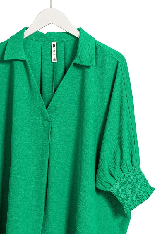 Zenana Airflow Collar Tee with Smocked Sleeve Band Top
