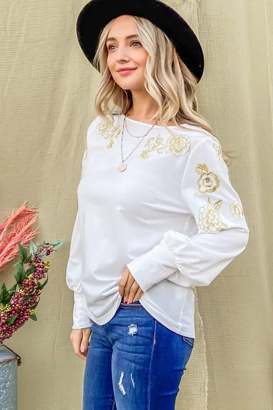 And The Why Flower Gold Embroidery Shoulder Detailed Top