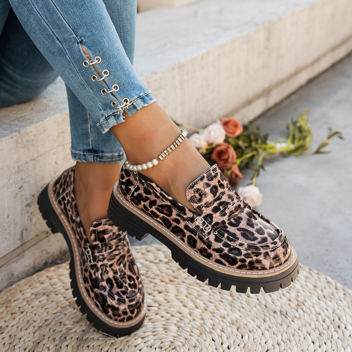 Women's Leopard Print Loafers - Chunky Heel Patent Leather Slip-On Shoes