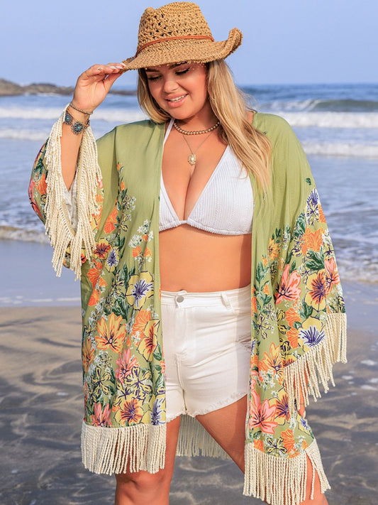 Plus Size Fringe Open Front Cover-Up Sage