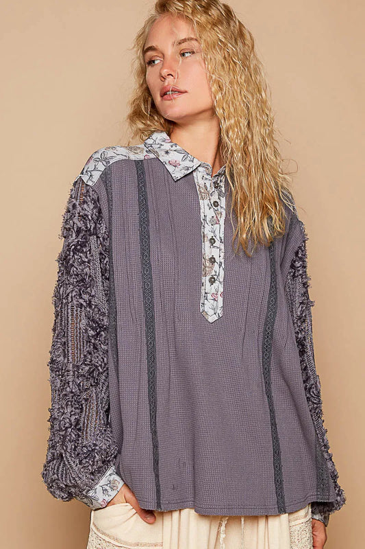 POL Floral Half Button Lace Detail Long Sleeve Top Dark Gray