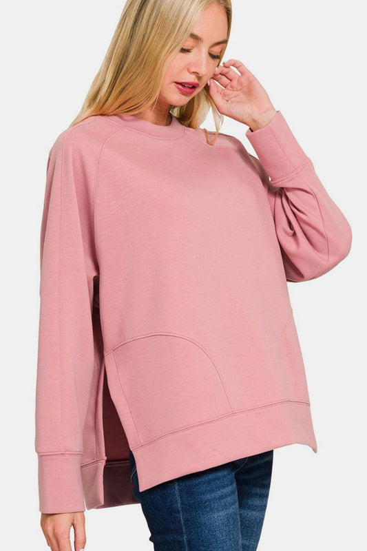 Zenana Scuba Round Neck Side Slit Sweatshirt Lt Rose