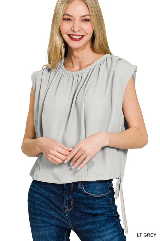 Zenana Woven Drawstring Tie Side Sleeveless Top LT GREY