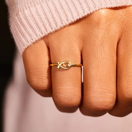 925 Sterling Silver Inlaid Zircon Fish Ring Gold