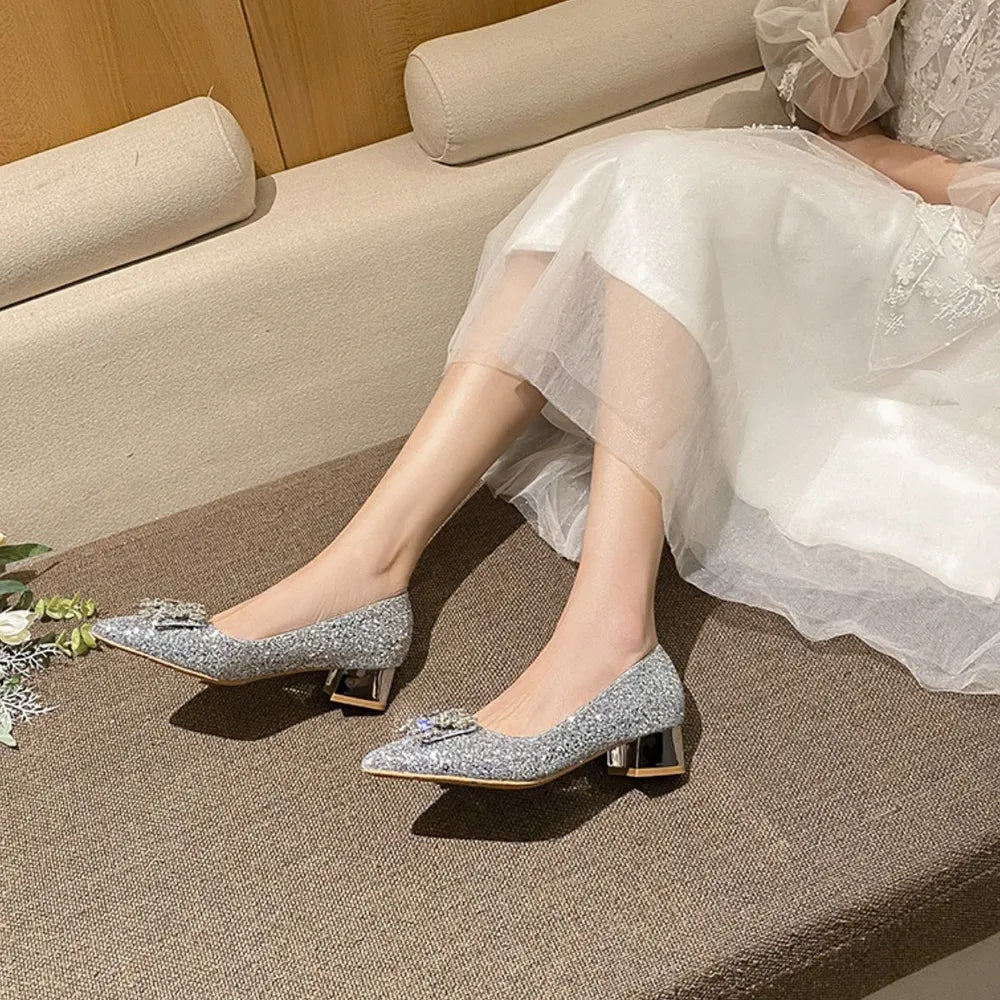 Glitter Point Toe Block Heel Pumps