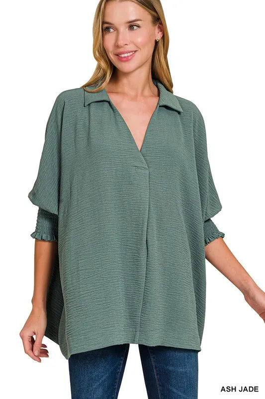 Zenana Airflow Collar Tee with Smocked Sleeve Band Top ASH JADE