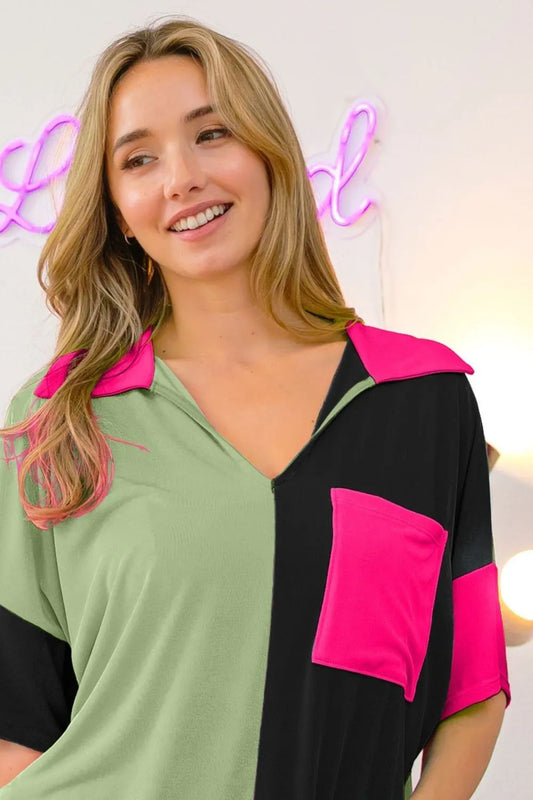 BiBi Slinky Knit Color Block V Neck Front Top SAGE BLACK FUCHSIA